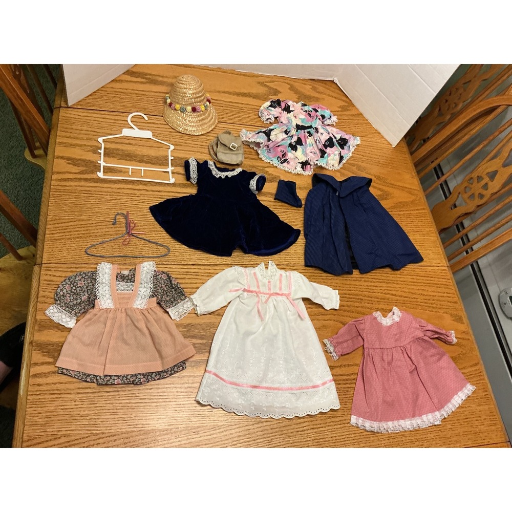 Vintage Style 18 Inch Doll Clothes Lot Dresses Cape Straw Hat Hangers 10pc